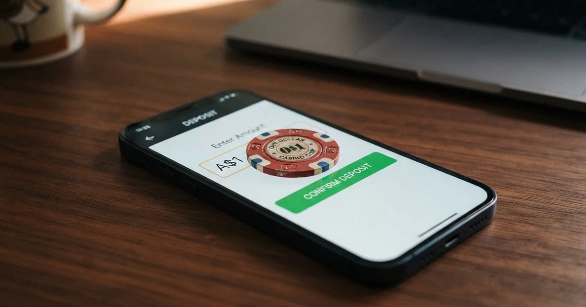 A single Australian one-dollar coin sitting on a smartphone screen showing a casino deposit page with a A$1 amount entered