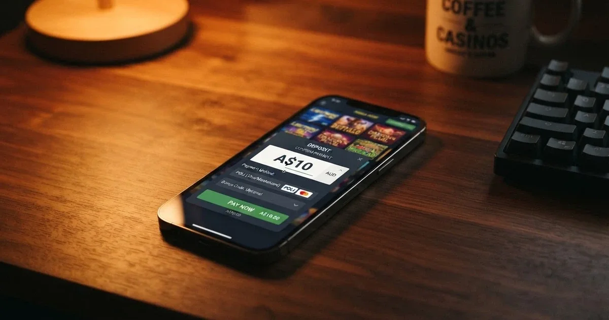 A smartphone screen showing an online casino cashier page with an AUD $10 deposit amount entered and a list of pokies thumbnails visible in the background