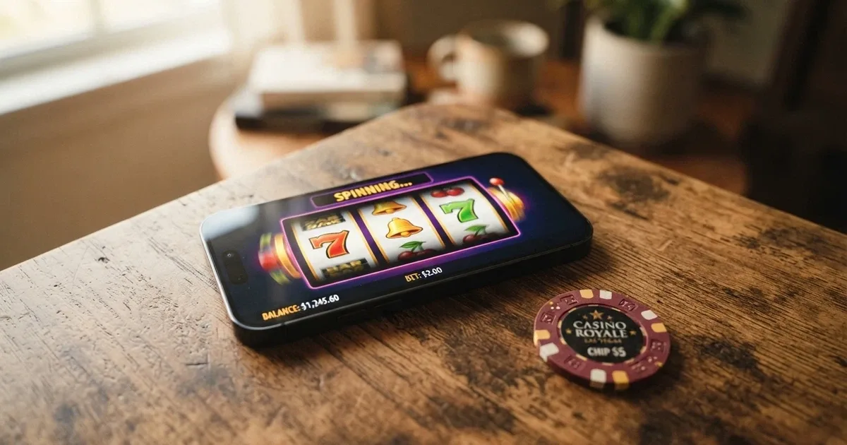 A smartphone screen showing a colourful online pokies game reels spinning, with an Australian $10 banknote resting beside the phone on a wooden table