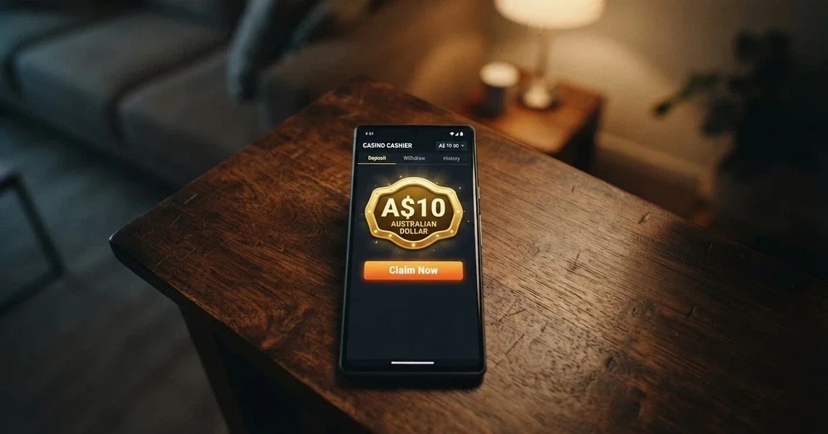 A smartphone screen showing an Australian online casino bonus-claim page with a $10 no-deposit offer badge, Australian dollar symbol visible