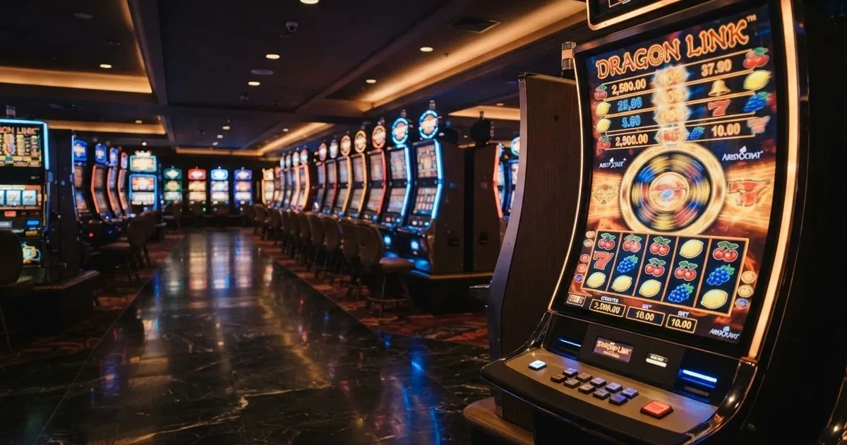 Rows of illuminated online pokie slot machine reels on a dark casino-lobby background