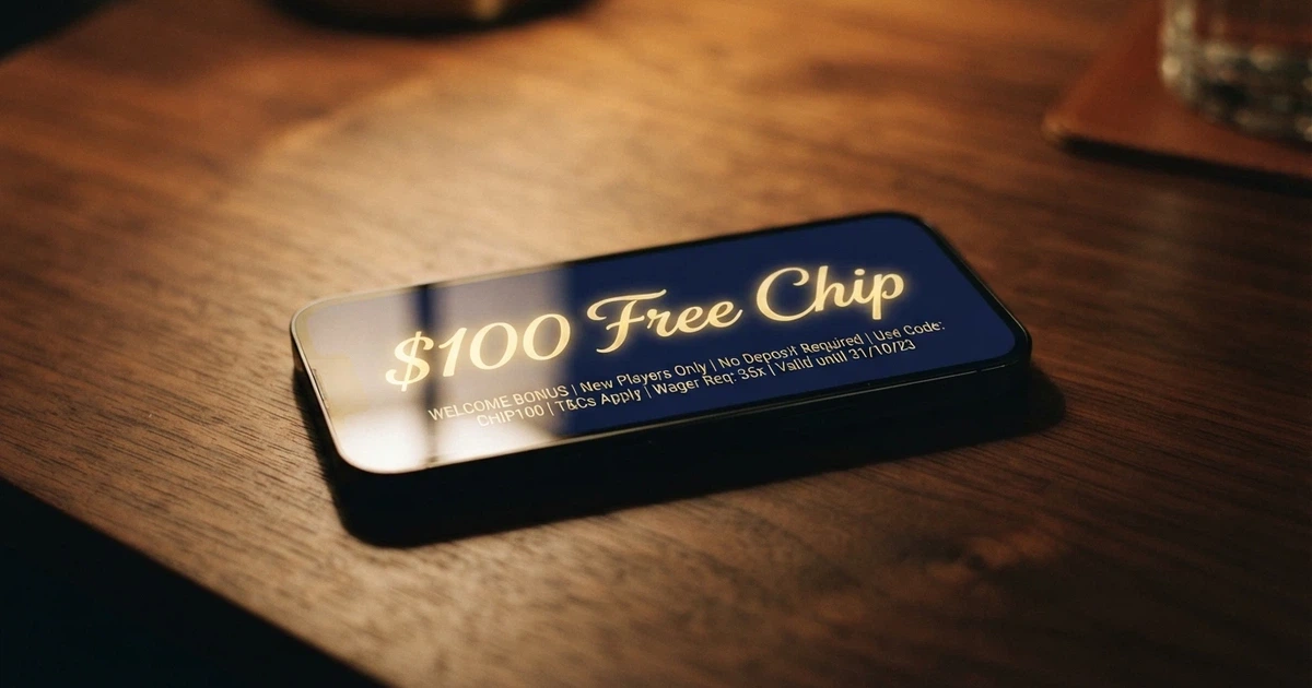 A mobile phone screen showing a casino bonus banner with a “$100 Free Chip” headline and small terms-and-conditions text below it