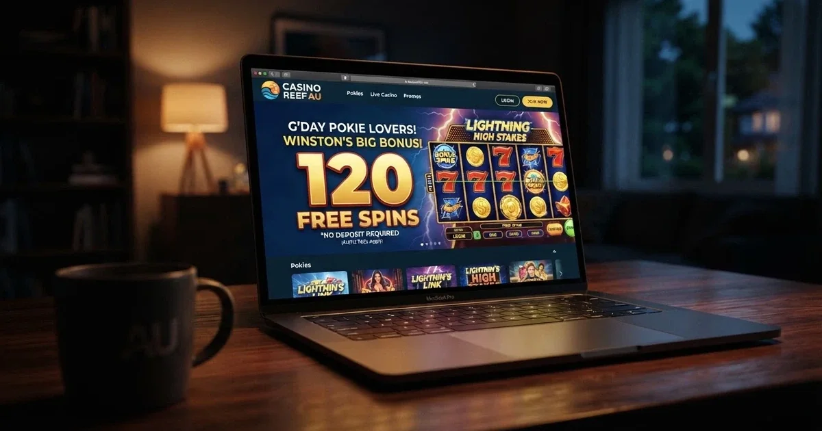 A browser window displaying an online casino promotion banner reading “120 Free Spins No Deposit” with a pokie reel visible in the background
