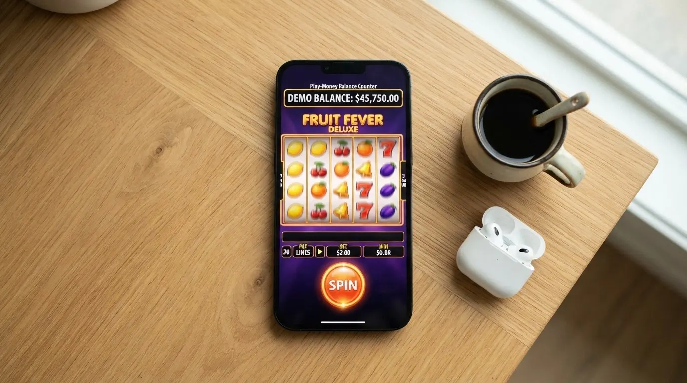 1spin4win pokie reels spinning in demo mode with a play-money balance displayed at the top of the screen