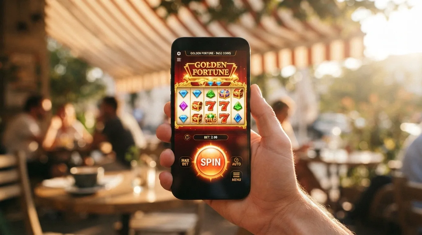 1spin4win pokie running in portrait mode on a smartphone held in one hand, with touch-friendly spin button visible
