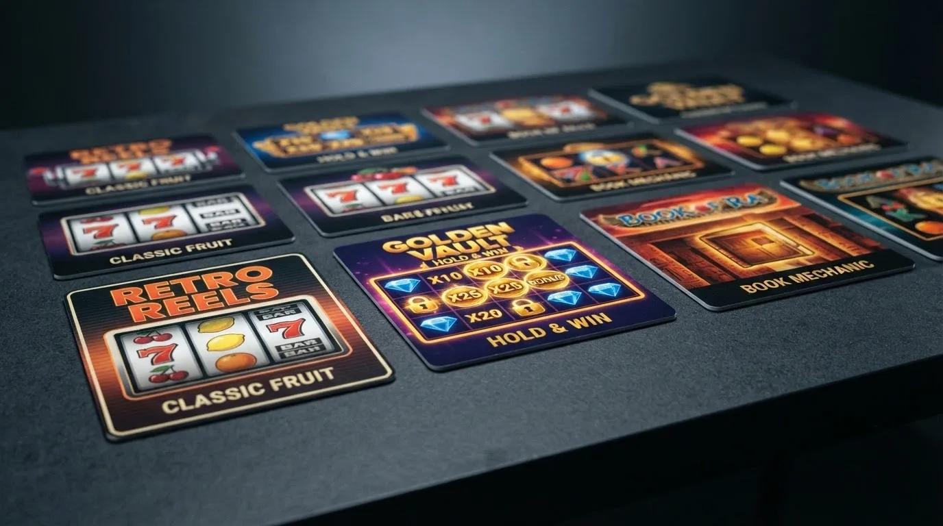 Selection of 1spin4win pokie title cards showing classic fruit symbols, Hold and Win mechanics and Book-style layouts