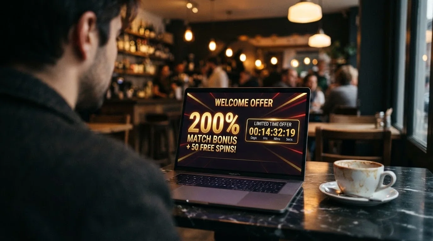 Welcome bonus offer banner on an offshore casino site displaying a deposit match percentage and free spins count