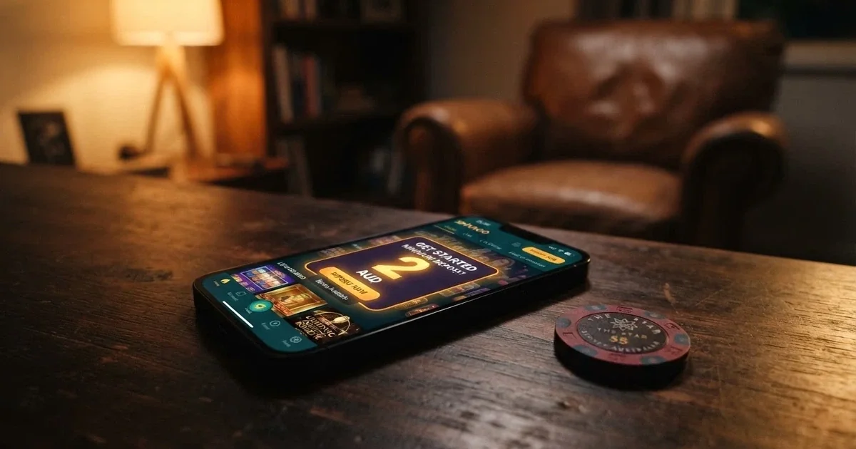 An Australian $10 banknote next to a smartphone showing an online casino lobby with a low-deposit prompt visible on screen