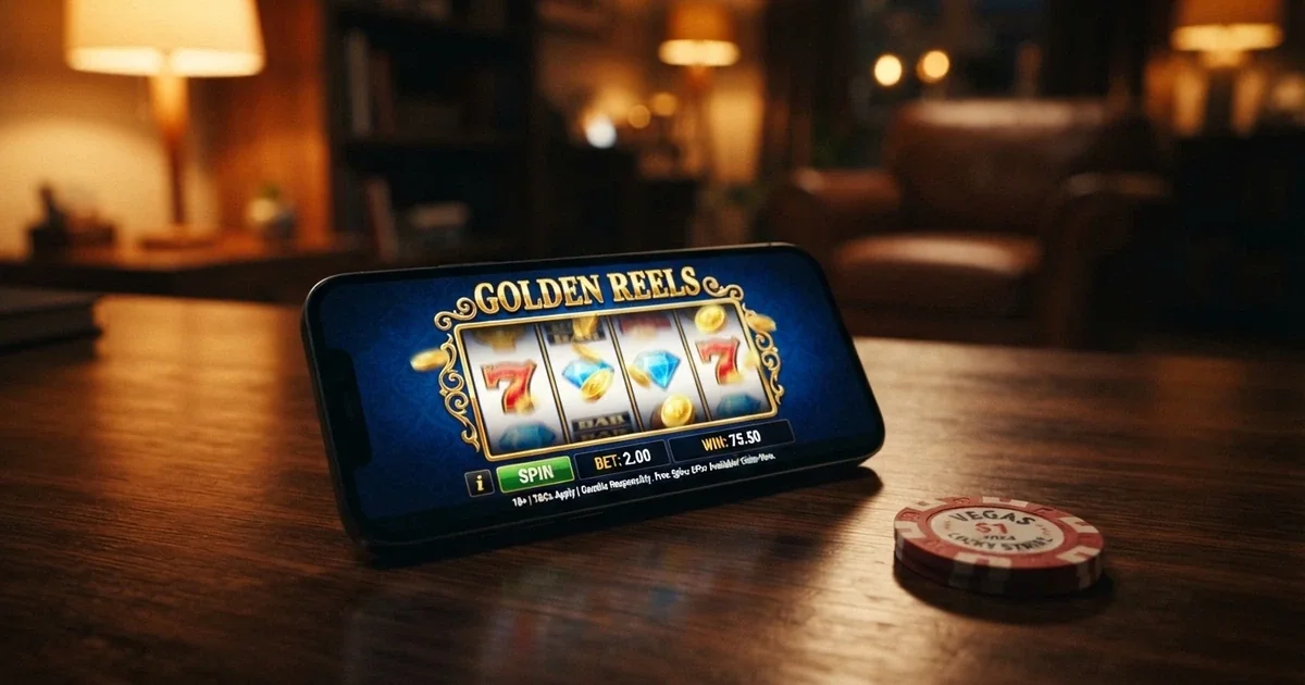 A smartphone screen displaying a colourful online pokies game with a “200 Free Spins” promotional banner overlaid, an Australian $20 note visible beside the phone for scale