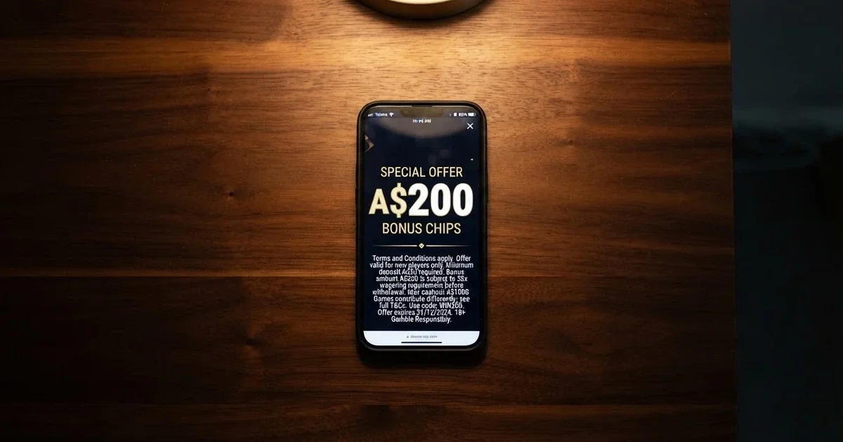 A smartphone screen displaying an online casino bonus offer with fine-print terms highlighted, Australian dollars visible on the interface