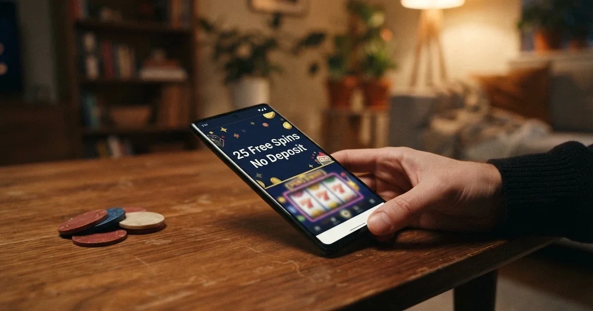 A smartphone screen showing an online casino promotions page with “25 Free Spins No Deposit” displayed, held by a hand against a blurred living-room background