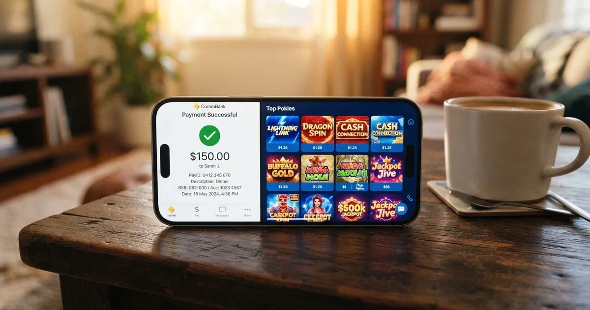 A smartphone screen showing an Australian online banking app with a PayID deposit confirmation beside a casino lobby with colourful pokies tiles