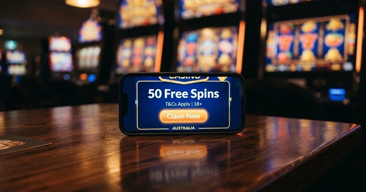 A smartphone screen showing an online casino promotion banner reading “50 Free Spins No Deposit” with a “Claim Now” button, overlaid on a blurred background of pokie reels