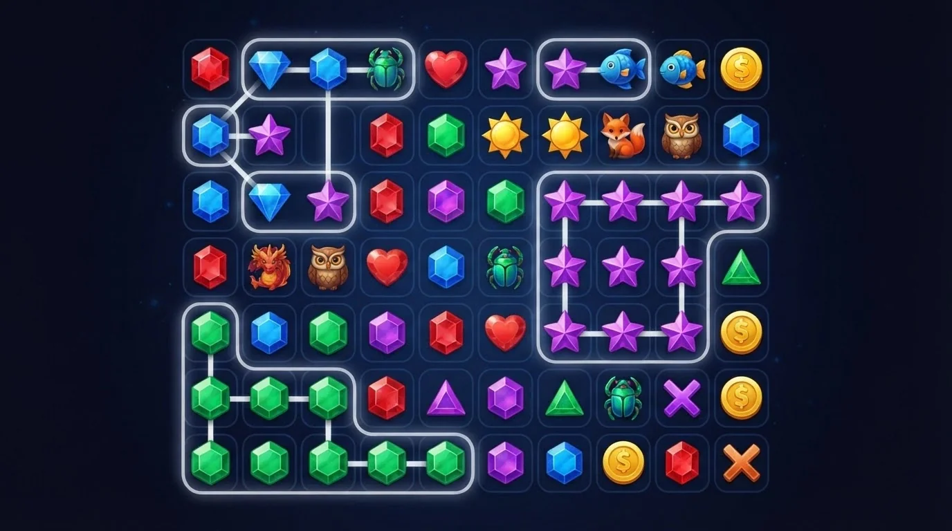 Diagram of a 7-row by 7-column slot grid with highlighted winning clusters of matching symbols touching horizontally and vertically