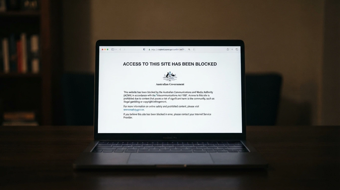 A browser window displaying an ACMA site-block notification — the screen an Australian sees when an ISP has blocked an illegal gambling site under ACMA direction