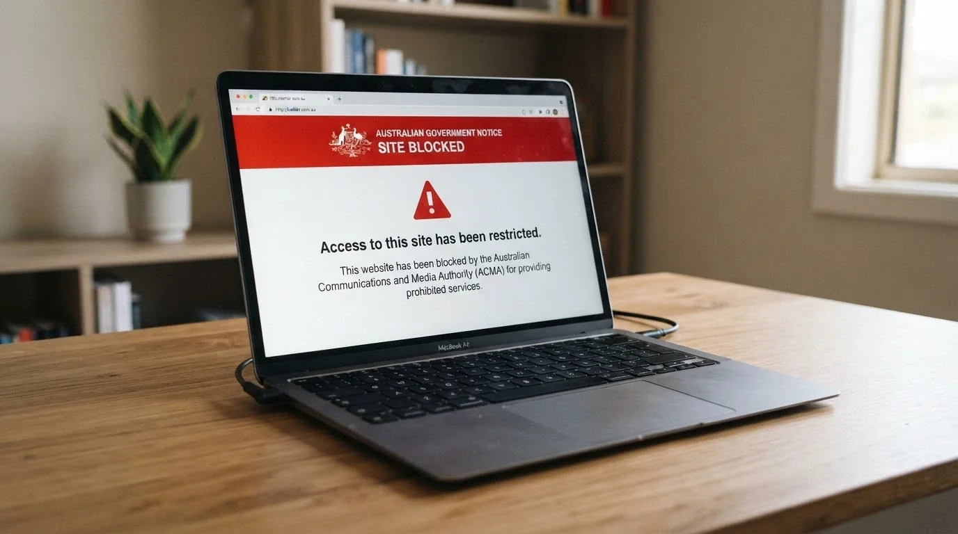 A browser window displaying an ACMA block notice — the screen an Australian player sees when an ISP has blocked an offshore gambling domain