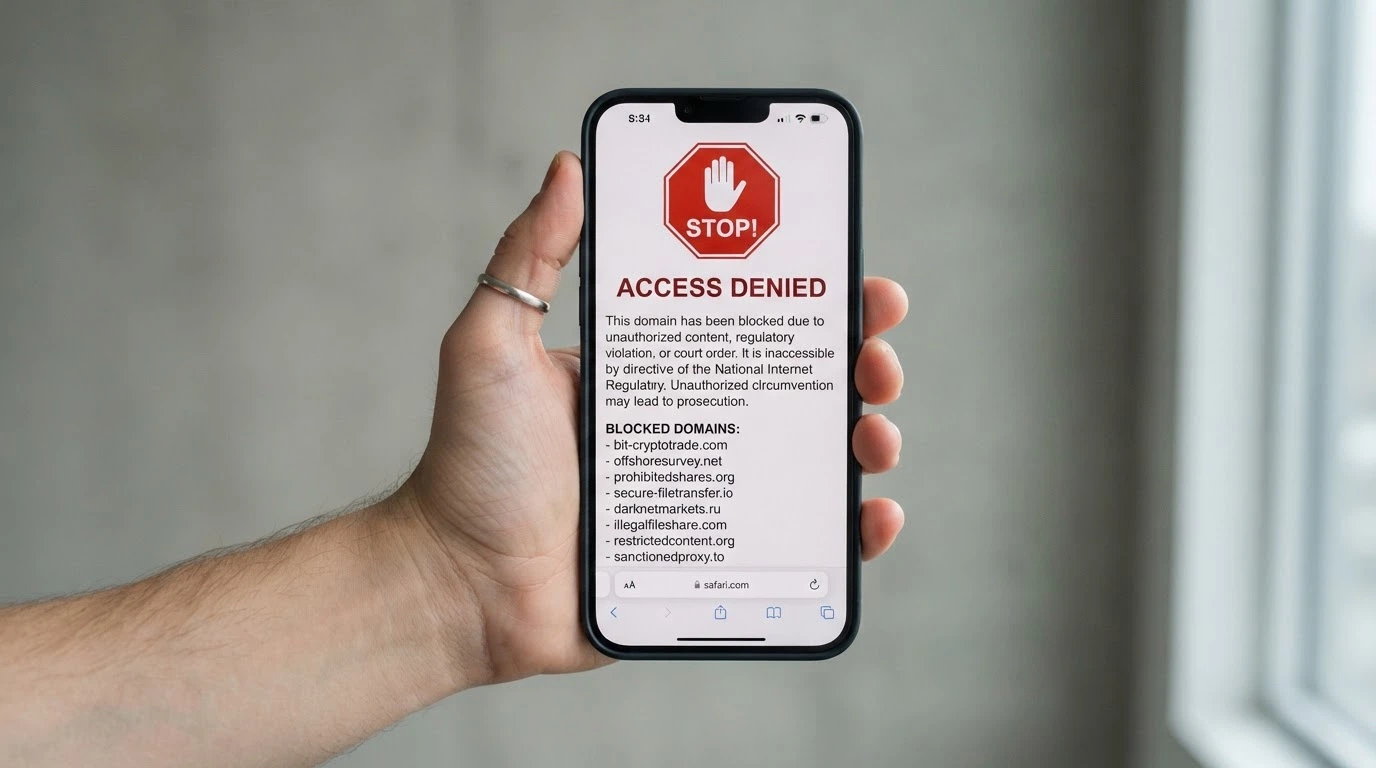 The ACMA website warning page about blocked illegal gambling sites with a list of blocked domains and a stop-sign graphic