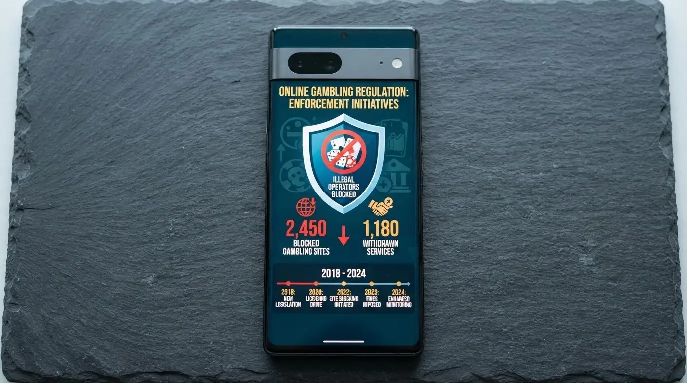 A smartphone displaying a simplified visual summary of the Interactive Gambling Act's key prohibitions, with the ACMA logo and blocking statistics