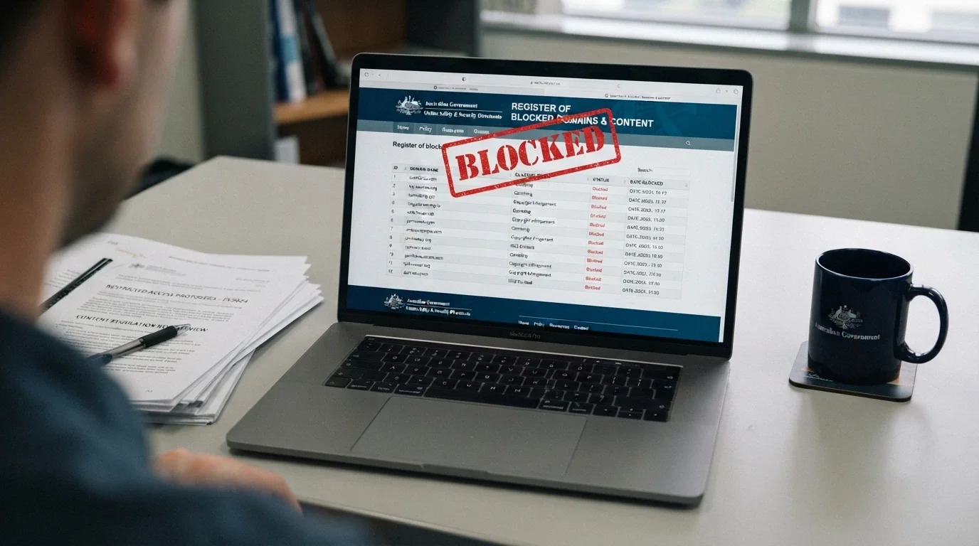 A laptop screen displaying the ACMA website's list of blocked illegal gambling websites, with a red “Blocked” stamp overlay and the ACMA logo visible in the header