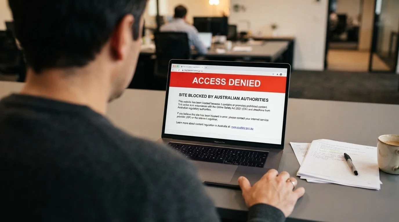 An ACMA webpage header with the Interactive Gambling Act reference and a site-blocked notification