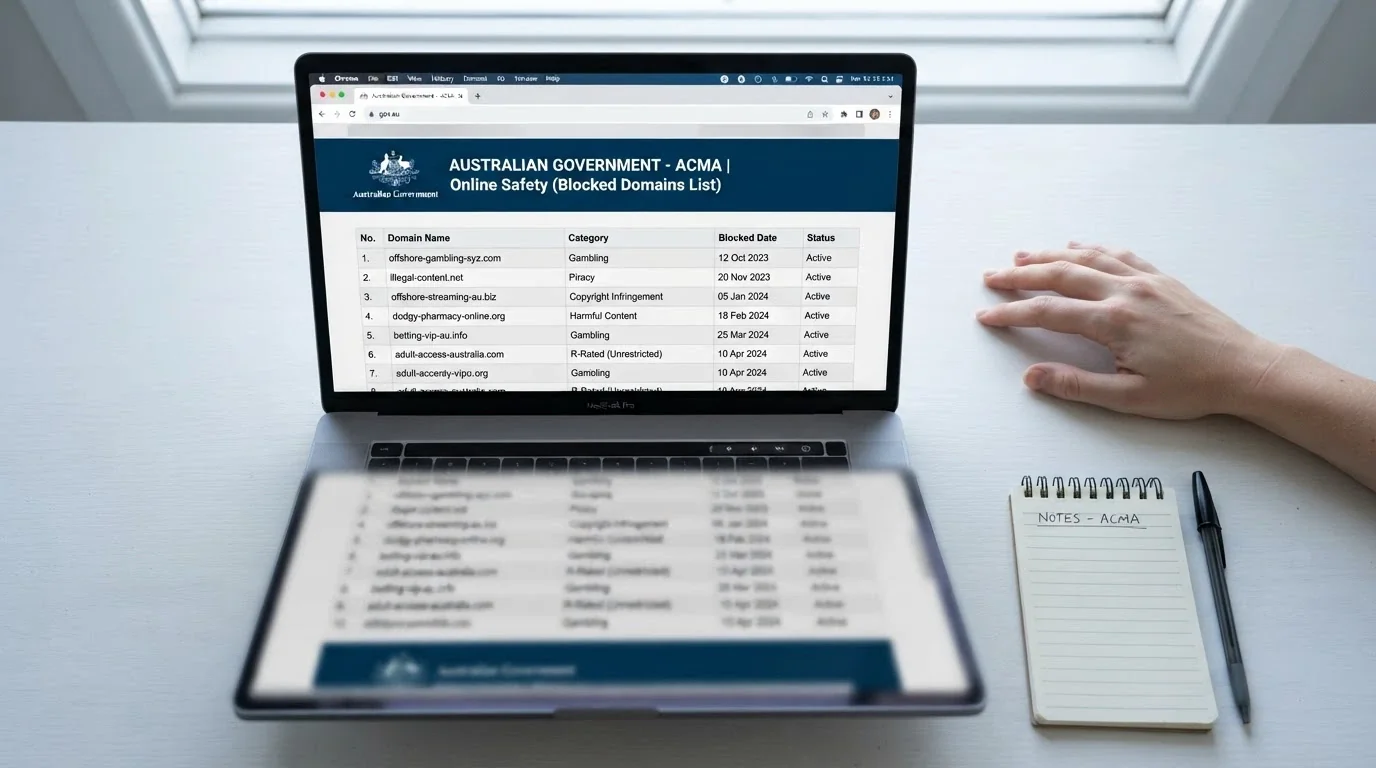 A browser window displaying the ACMA website with its register of blocked illegal gambling domains