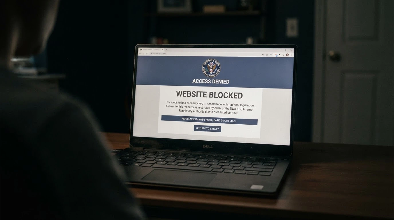 A stark browser window displaying an ACMA blocking notice — the screen an Australian player sees when trying to reach a blocked offshore gambling site