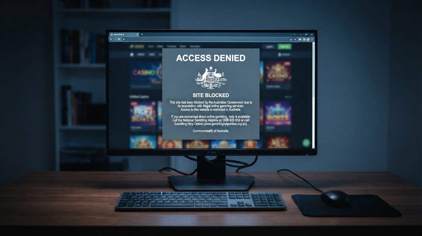A browser window displaying an ACMA-style blocking notice over a greyed-out casino site