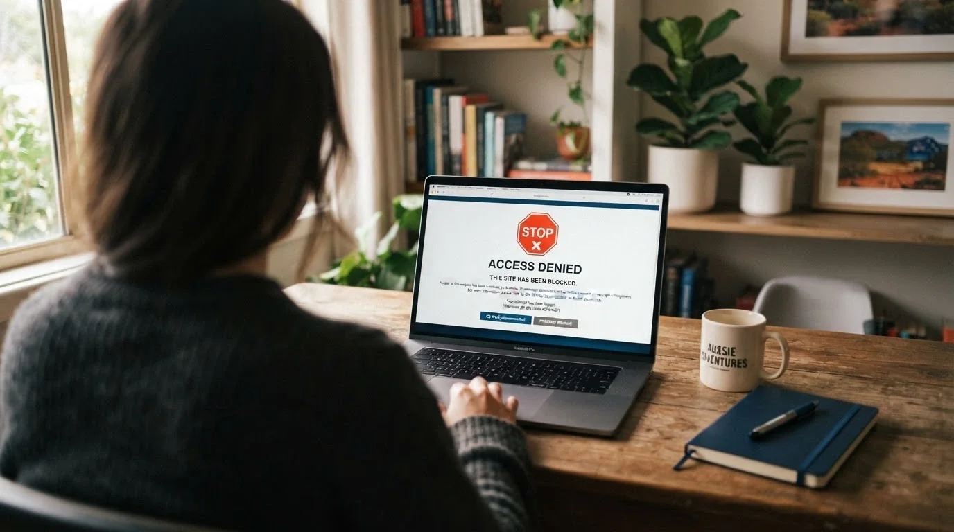 An ACMA website-blocking notice displayed in a browser window with the stop sign and explanation text