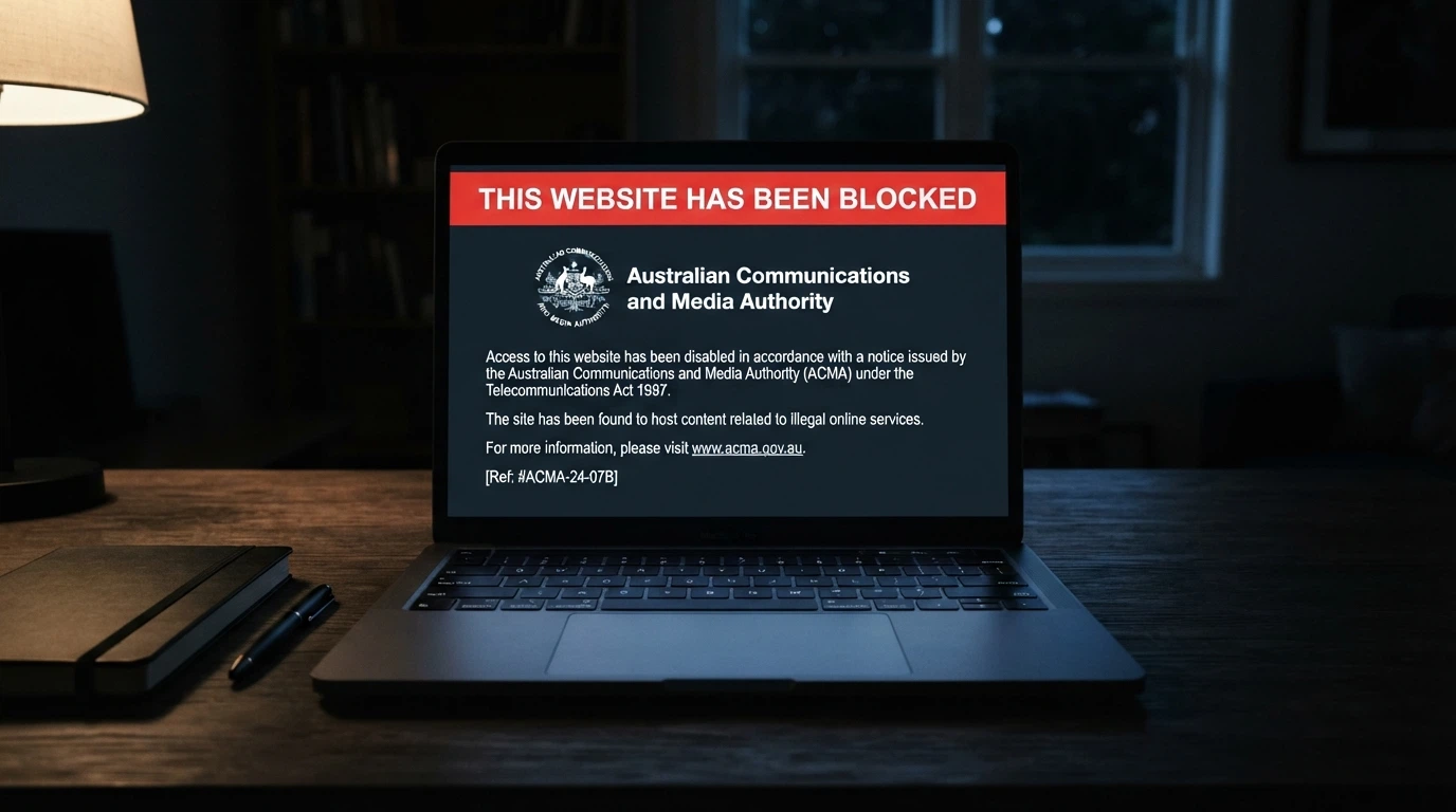 A laptop screen displaying the ACMA website-blocking notice — “This website has been blocked” — against a montage of offshore casino logos in the background