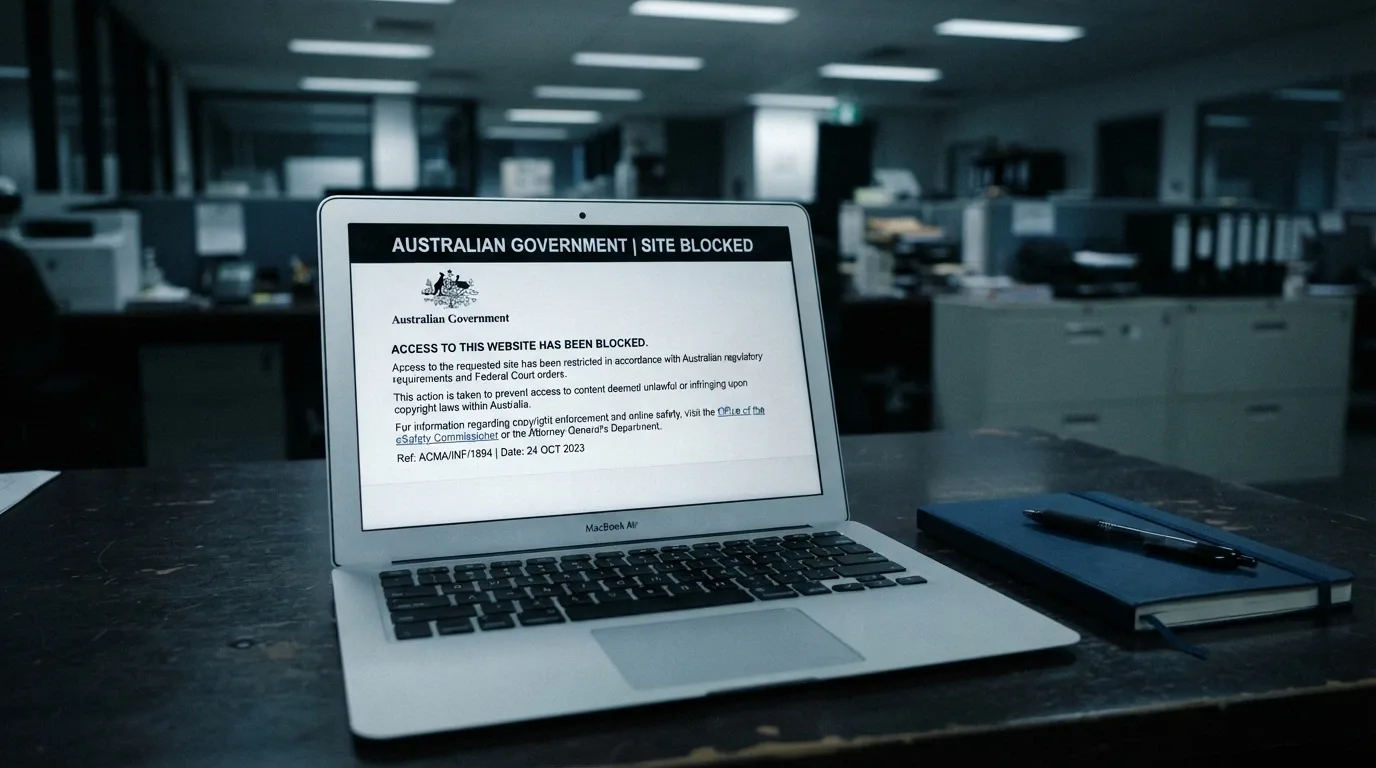 A laptop browser displaying the ACMA-blocked-site notice page, with the Australian Coat of Arms and a message about illegal gambling services