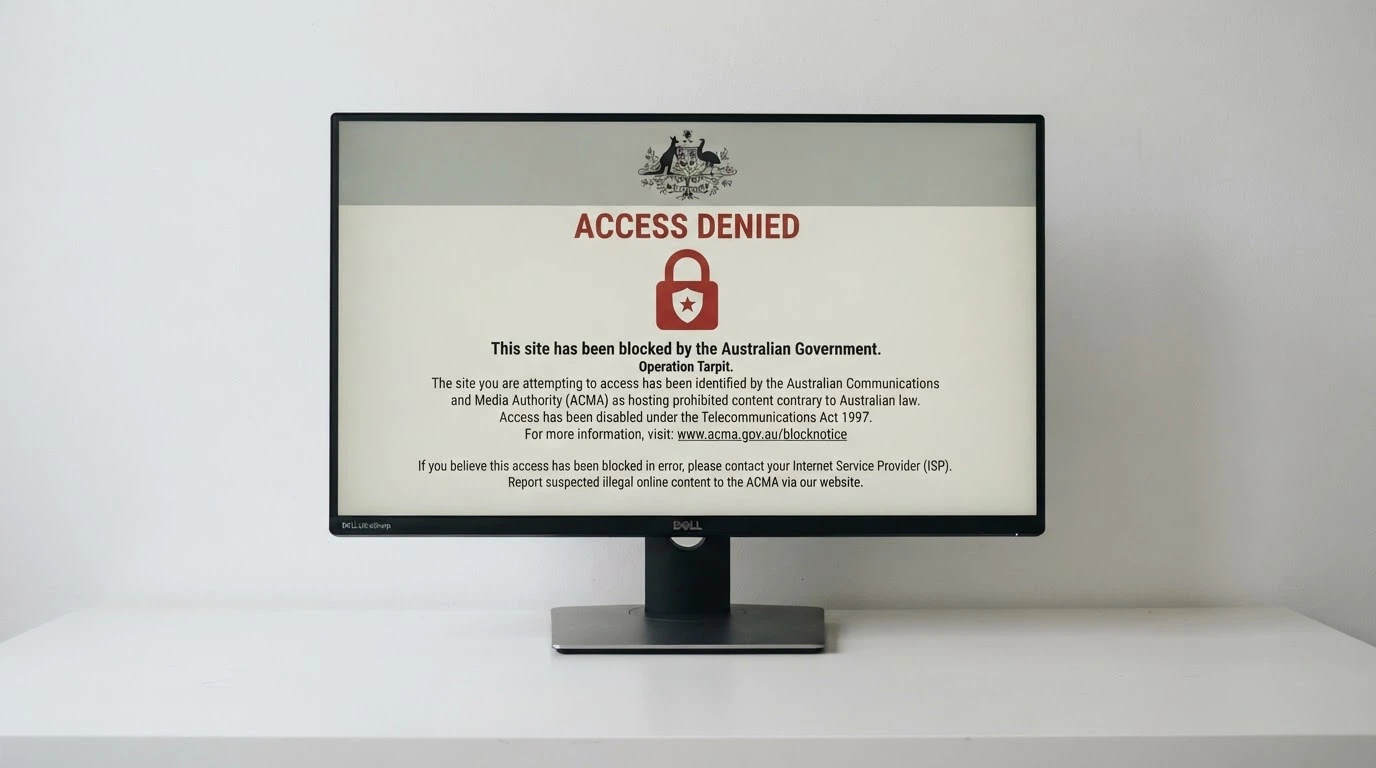 A stylised representation of the ACMA website-blocking notice, with a padlock icon and the text “Access to this site has been blocked under section 313 of the Telecommunications Act 1997”