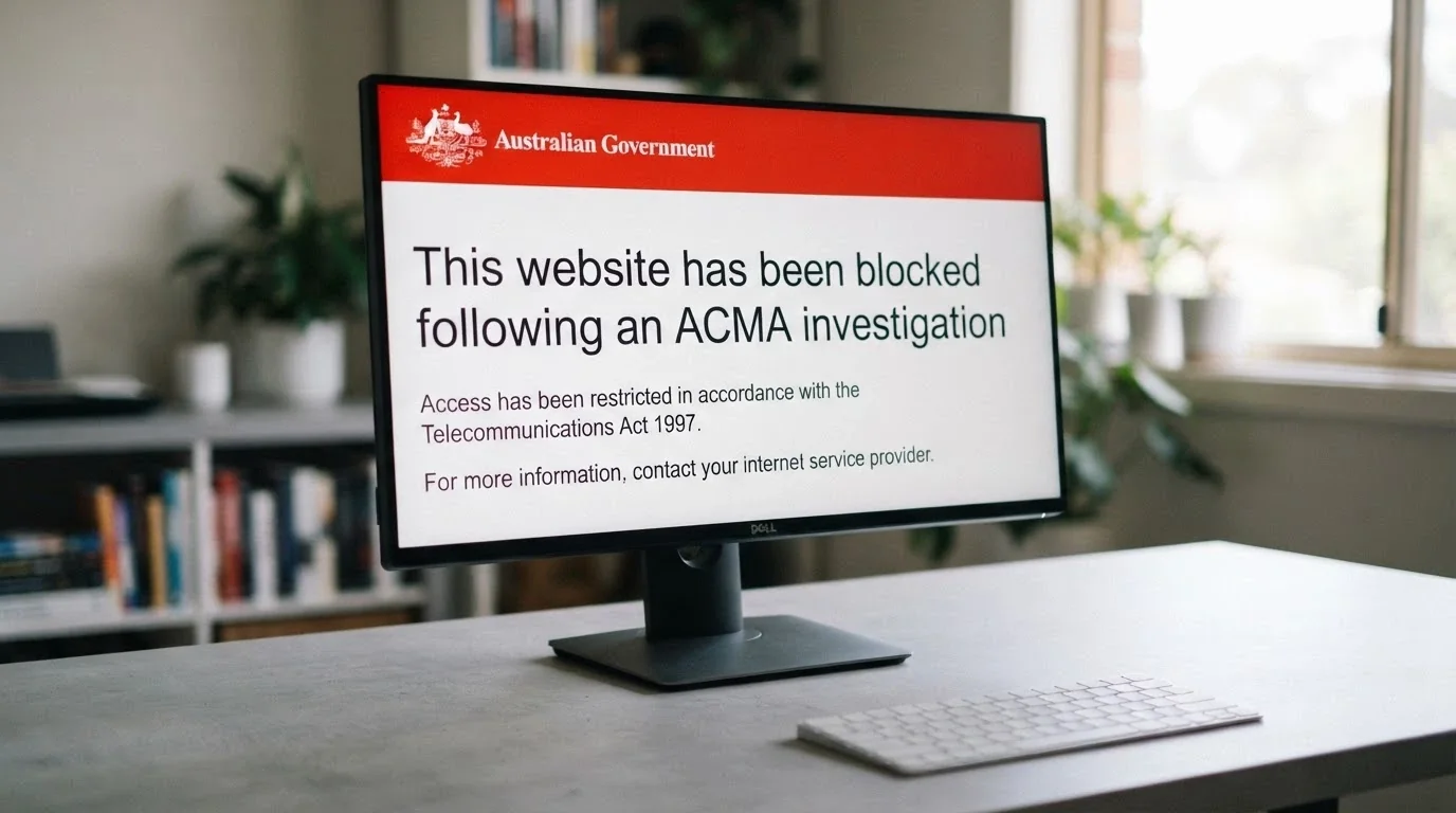 A browser window displaying the ACMA blocking notice — “This website has been blocked following an ACMA investigation” — on a desktop screen
