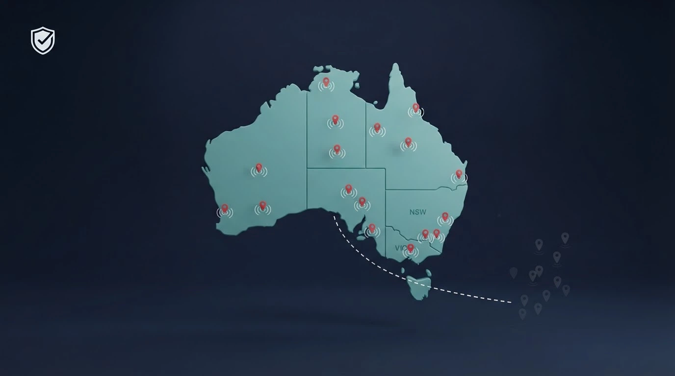 A simplified map of Australia with red blocked-site markers radiating outward from it, a BetStop logo with a dashed line that does not reach the offshore markers, and the ACMA logo in the corner