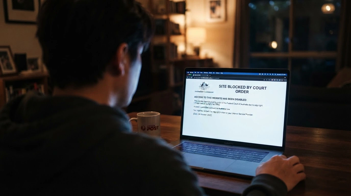A browser window displaying an ACMA website-blocking notice with the ACMA logo and text citing the Interactive Gambling Act 2001