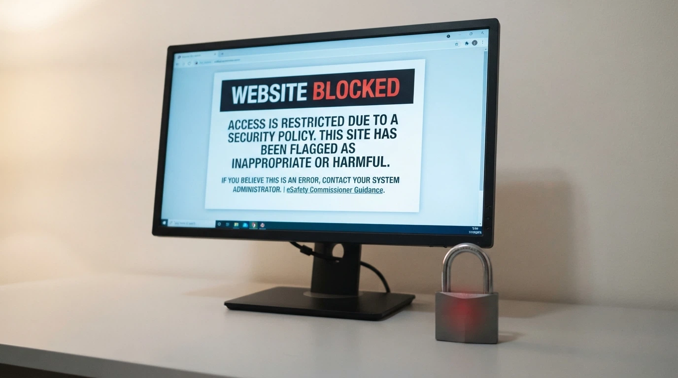 A computer screen displaying an ACMA blocking notice or a government webpage with the Interactive Gambling Act header visible, beside a locked padlock icon that is greyed out or crossed through