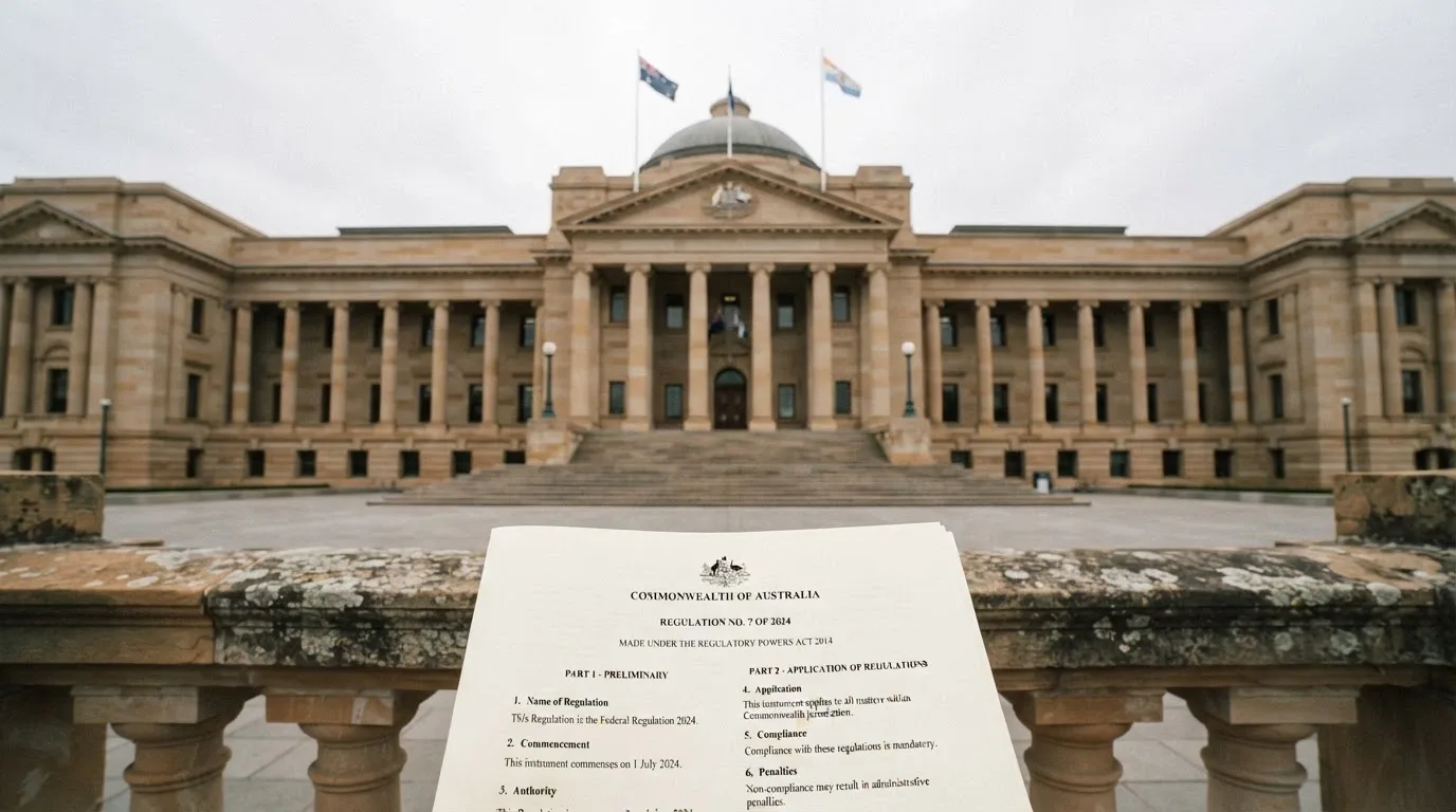 The ACMA logo on a government-building facade in Canberra, with the text of the Interactive Gambling Act 2001 visible in the foreground