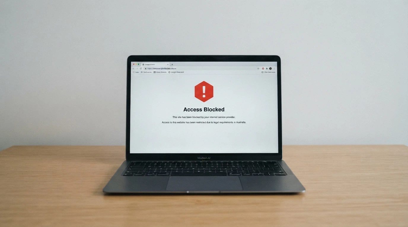 The ACMA logo on an official document beside a screen displaying a site-blocked notice from an Australian ISP, set on a desk with Australian context