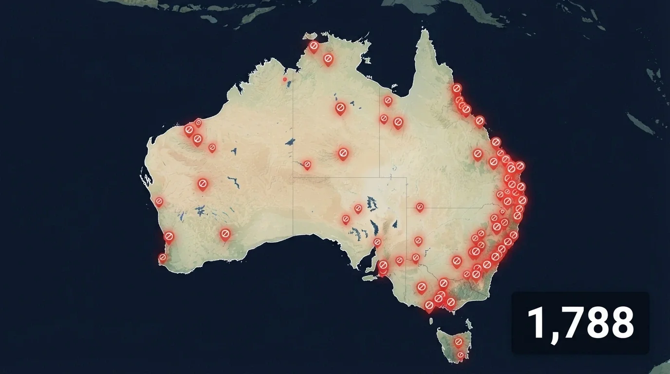 A map of Australia overlaid with blocked-site icons and a counter showing 1,788