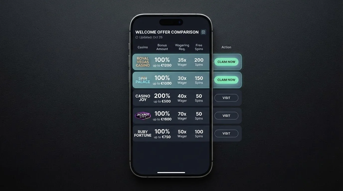 A side-by-side comparison view of casino app welcome offers displayed on a smartphone screen, with bonus amounts and wagering figures highlighted