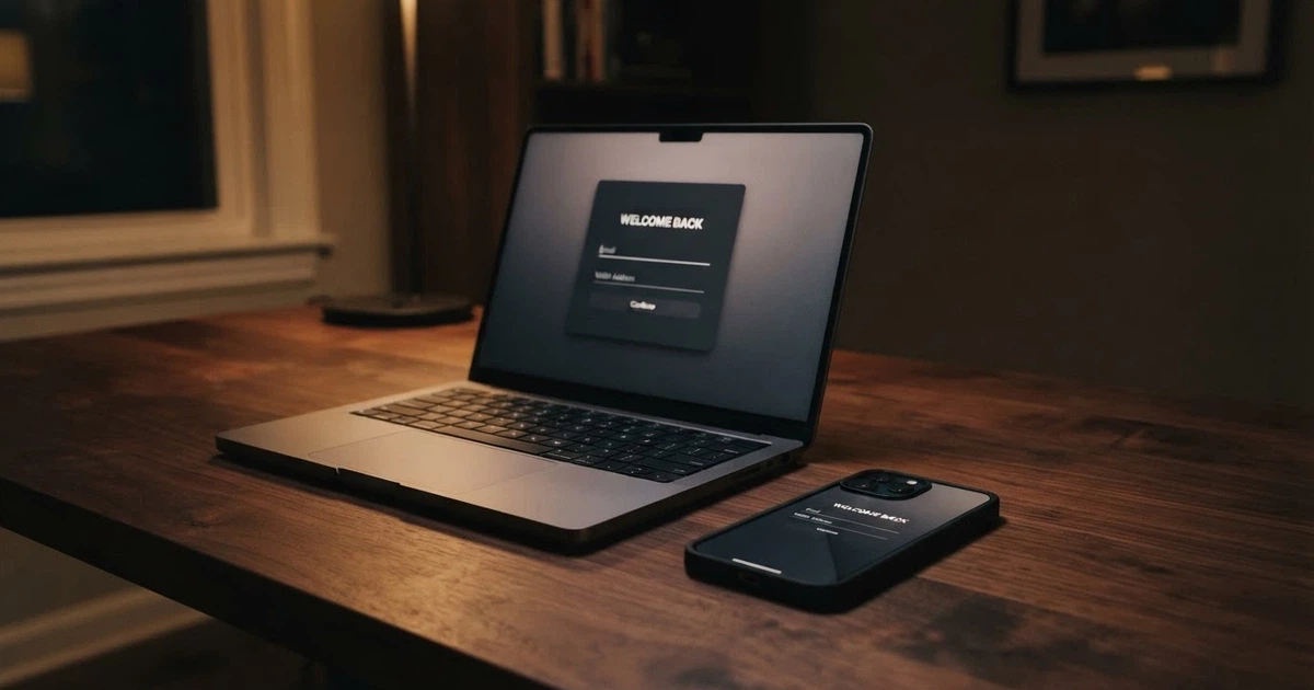 A laptop and smartphone side by side, both displaying a cryptocurrency casino sign-up form with only an email field and a wallet-address field visible
