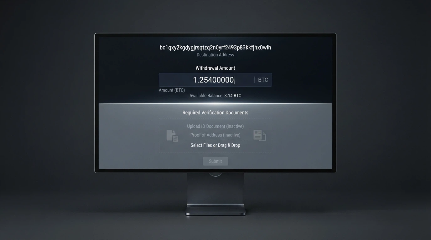A cryptocurrency wallet address on screen with a withdrawal-amount field, and a KYC document-upload prompt greyed out beside it — until the amount crosses a visible threshold