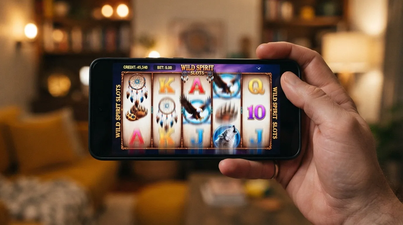 A close-up of Indian Dreaming's reels running on an Android phone in landscape mode, the distinctive dreamcatcher and eagle symbols clearly visible on a 5-reel grid