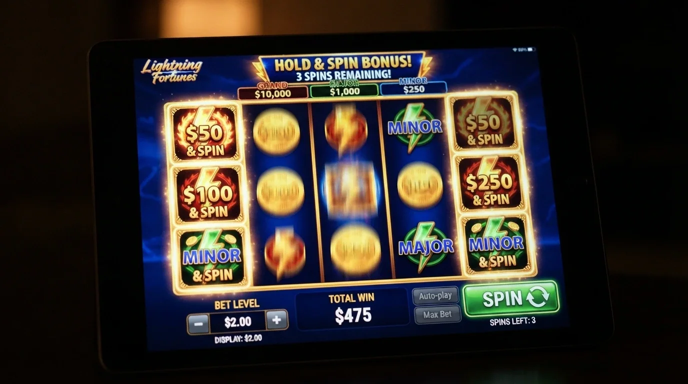 A close-up of an iPad running Lightning Link, with the Hold & Spin feature active and the bet-level touch controls visible on screen