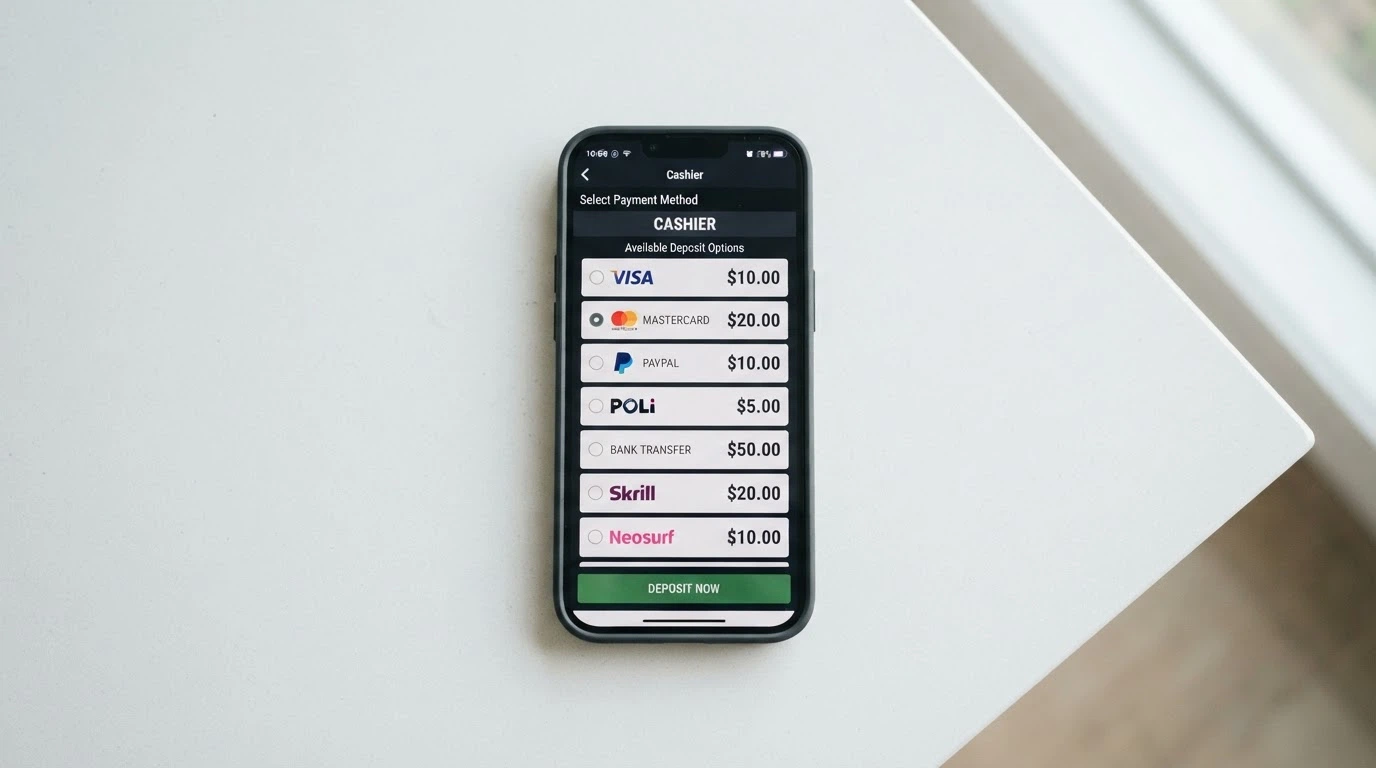 A smartphone displaying a casino cashier screen with PayID, Neosurf, Visa and Bitcoin options, each showing different minimum amounts