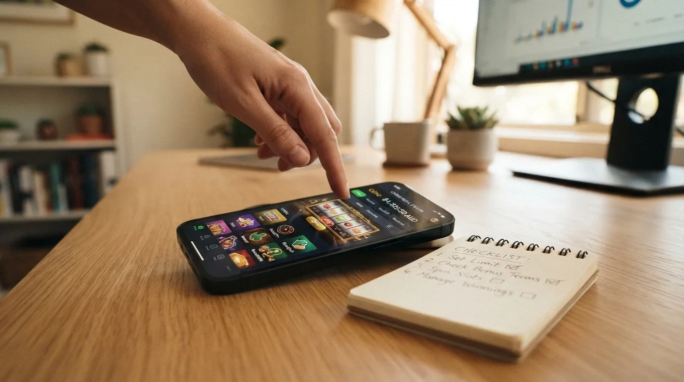 A hand hovering over a smartphone casino lobby, a notepad beside it with a short handwritten checklist of points to verify before depositing