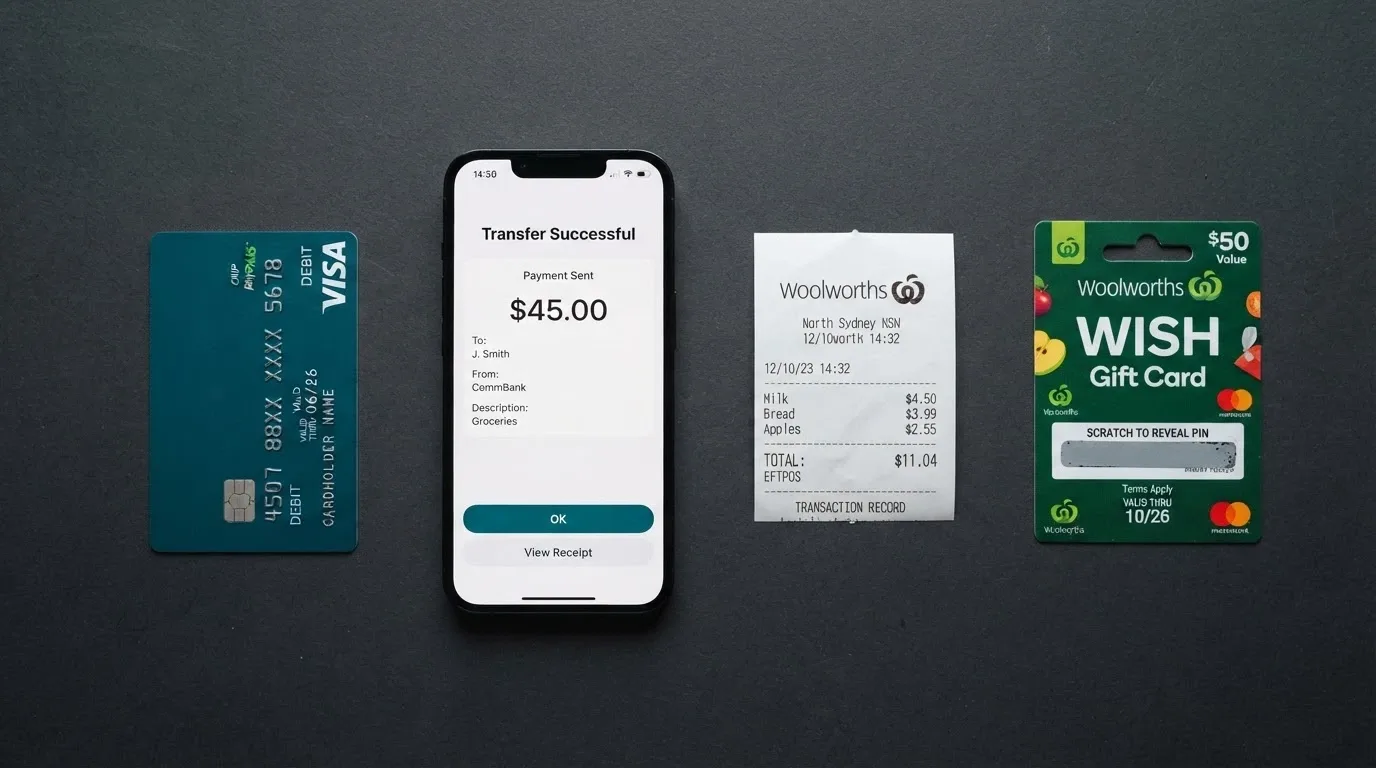 A flat lay of Australian payment methods — a debit card, a phone showing a PayID transfer screen, a POLi receipt, and a Neosurf voucher — arranged on a dark surface