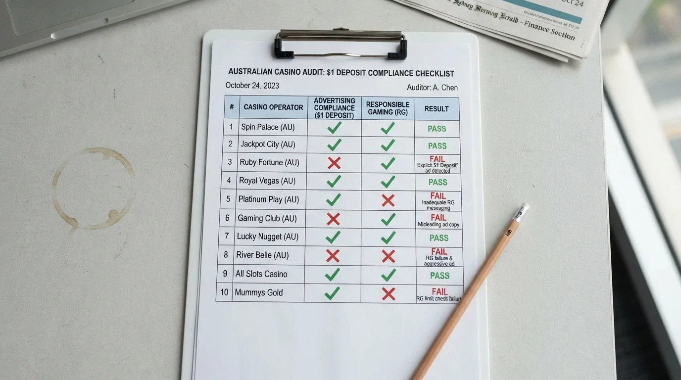 A comparison checklist or grid layout with checkmarks and crosses beside casino names, representing the audit of ten Australian-facing casinos