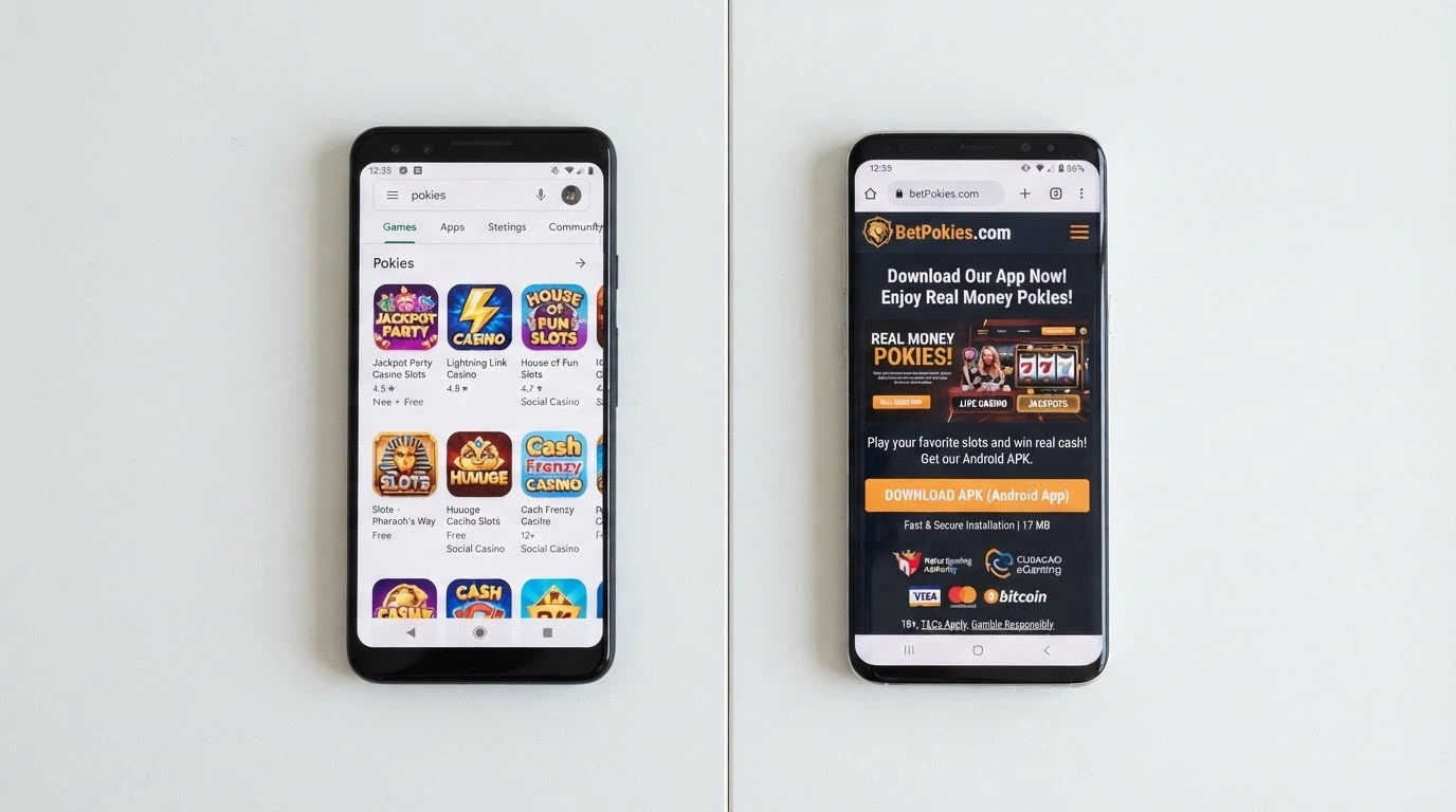 A split-screen composition: one side shows the Google Play Store with no real-money pokies results, the other shows an offshore operator's APK download page open in a mobile browser
