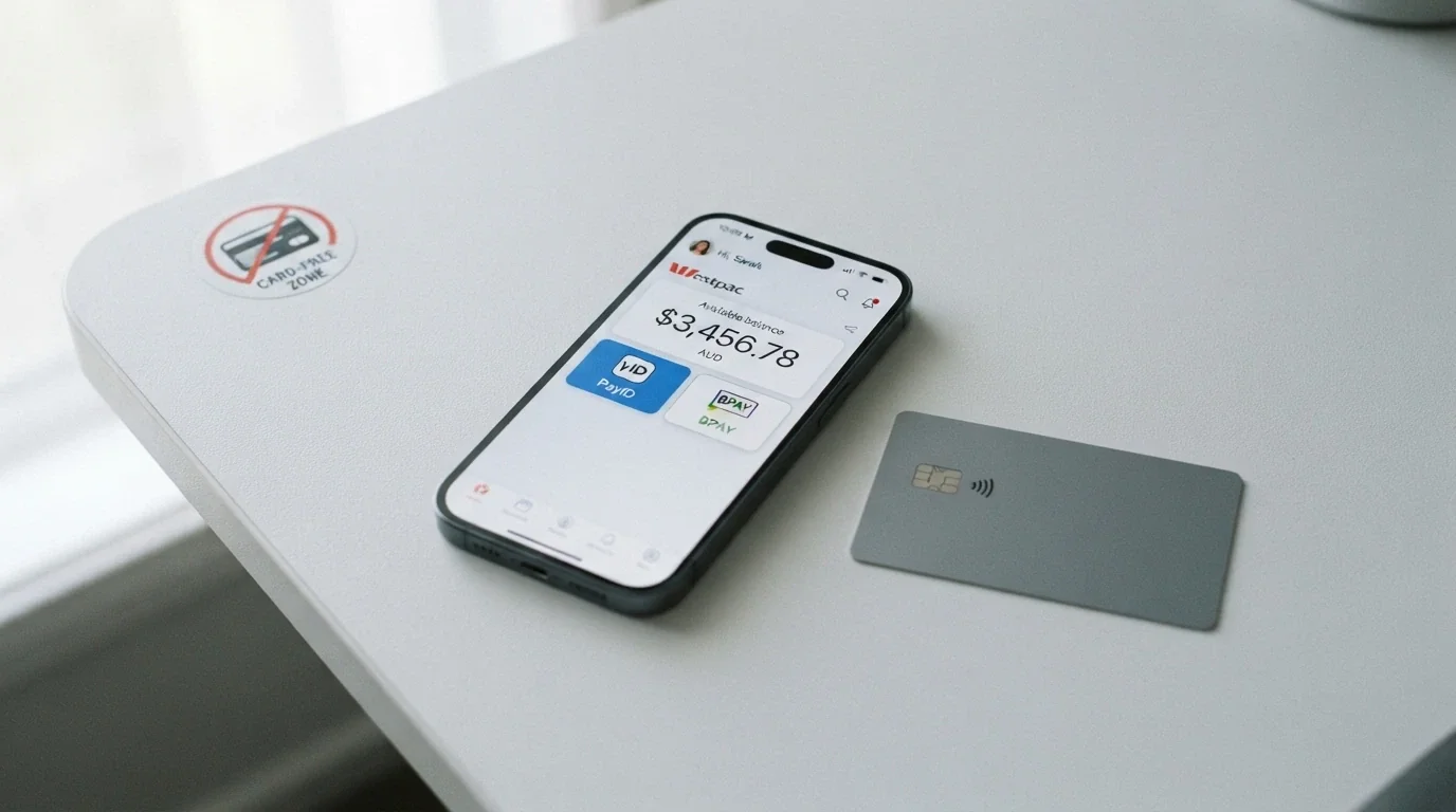 A smartphone showing a banking app with PayID and debit card options, an Australian bank card in the foreground, a crossed-out credit card symbol in the corner