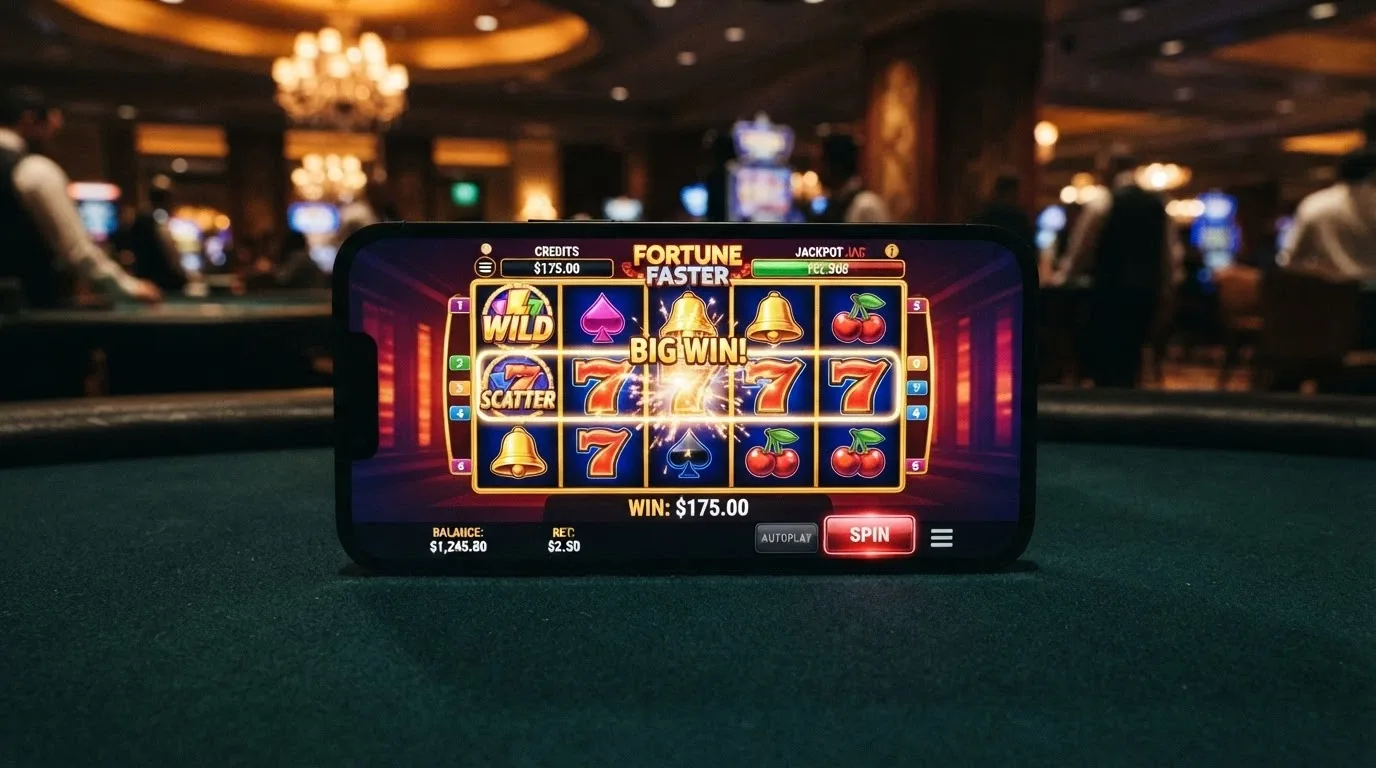 iPhone displaying a real-money online pokie with spinning reels, win line and balance display